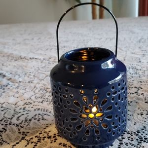 Ceramic Blue Lantern with Two Led Tealight Candles